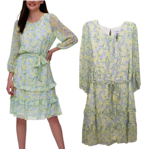 Calvin Klein Dresses & Skirts - Calvin Klein Tier Ruffle Dress w/ Belt Yellow Blue Green Floral Size XL NEW